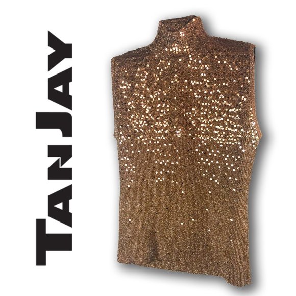 TANJAY Gold / Copper Sequin Sleeveless Mock Turtleneck L Metallic Classy Top - Picture 1 of 3